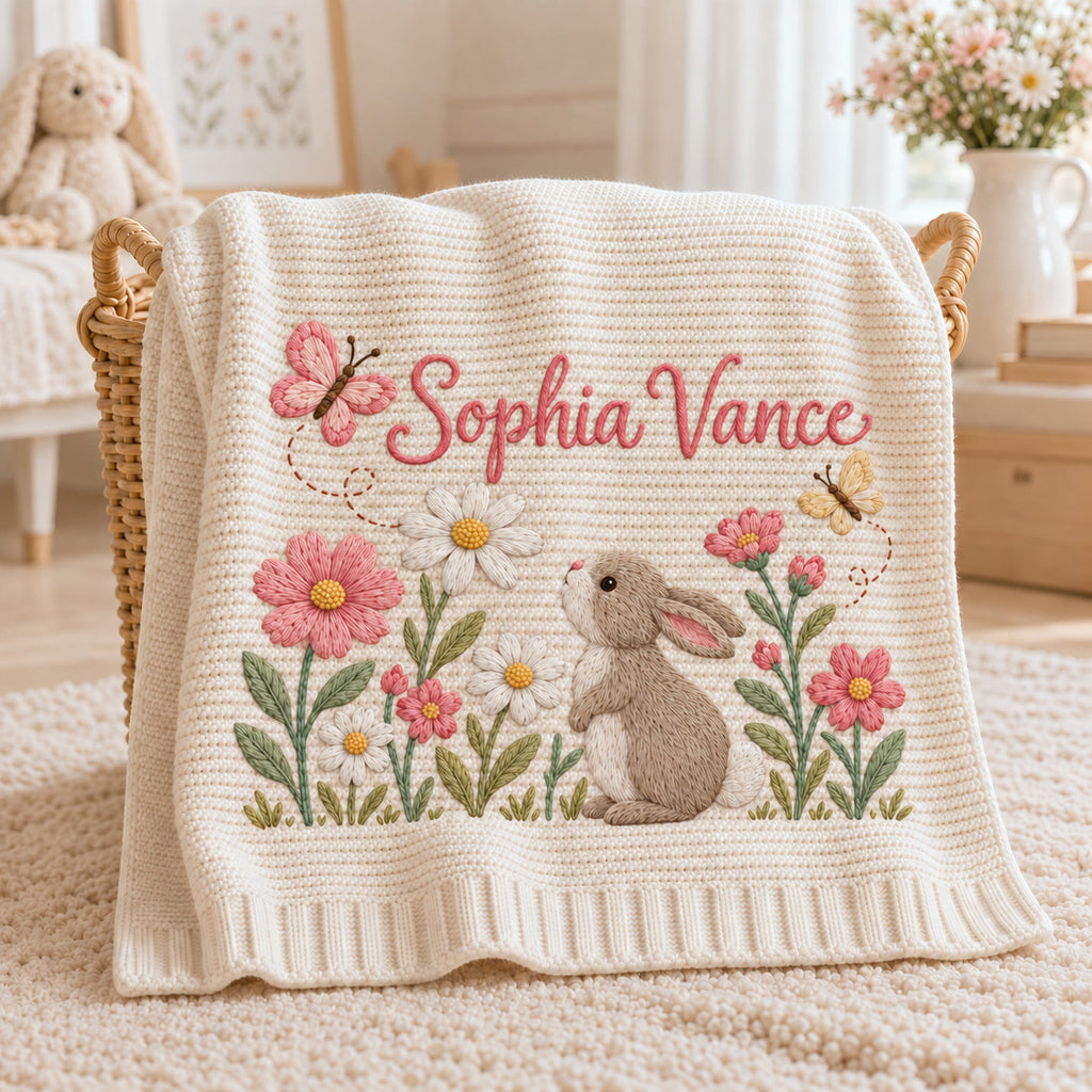 Personalized Bunny Baby Blanket, Daisy Butterfly Embroidered Knit Blanket, Custom Name Floral Nursery Gift, Baby Shower Gift for Girl