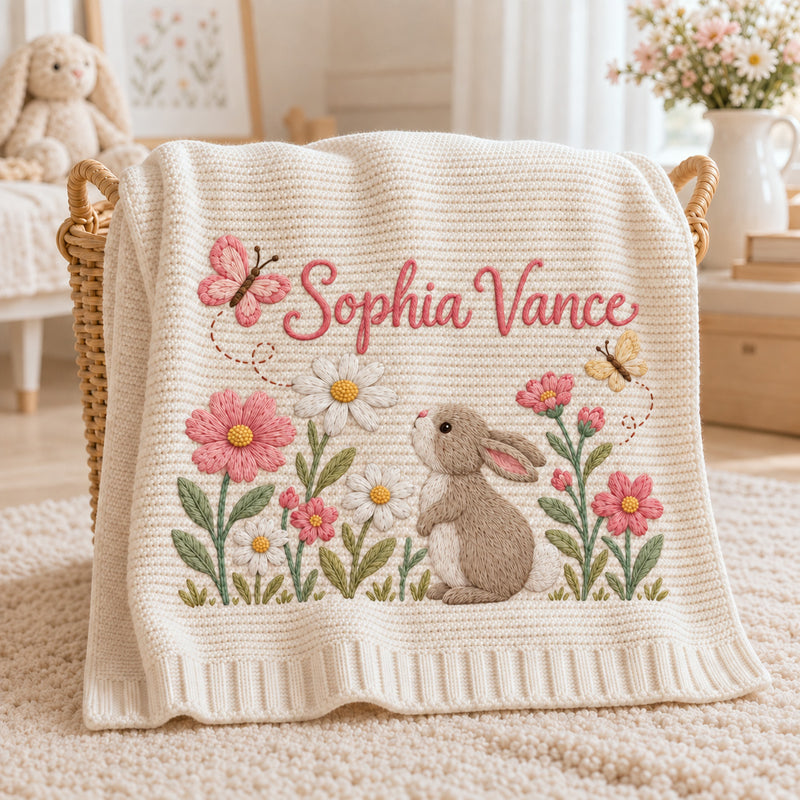 Personalized Bunny Baby Blanket, Daisy Butterfly Embroidered Knit Blanket, Custom Name Floral Nursery Gift, Baby Shower Gift for Girl