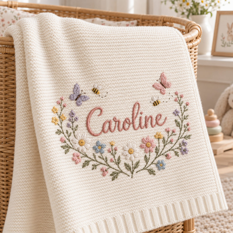 Personalized Wildflower Baby Blanket, Butterfly Bee Embroidered Knit Blanket, Custom Name Floral Nursery Gift, Baby Shower Gift for Girl
