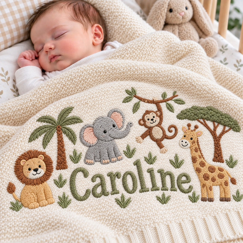 Personalized Embroidered Lion Baby Blanket Name - Custom Name Knit Giraffe Safari Newborn Gift, Gift for Baby Boy, Welcome Baby Blanket