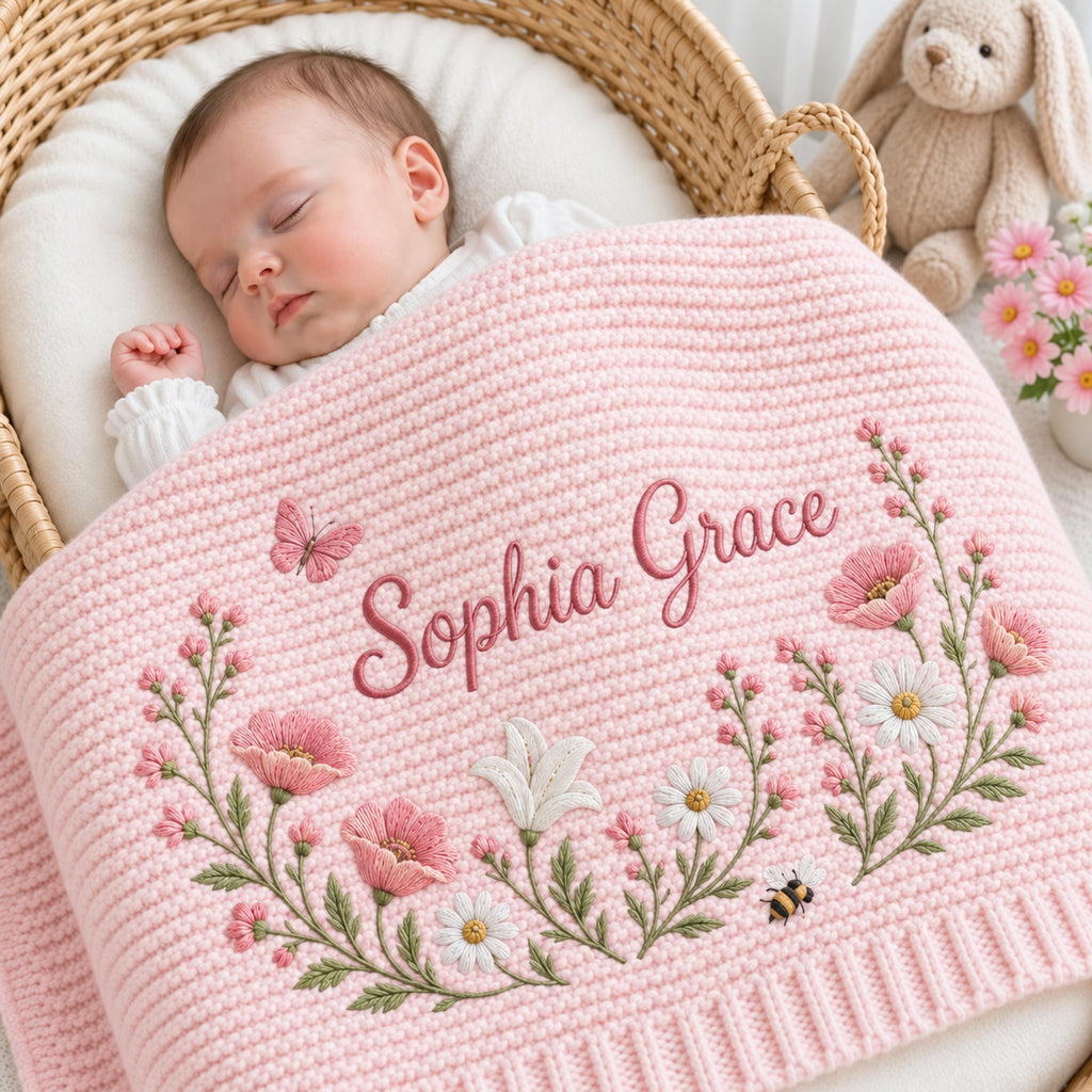 Personalized Wildflower Baby Blanket Name, Custom Embroidered Floral Butterfly Baby Shower Gift, Gift for Baby Girl, Welcome Baby Blanket