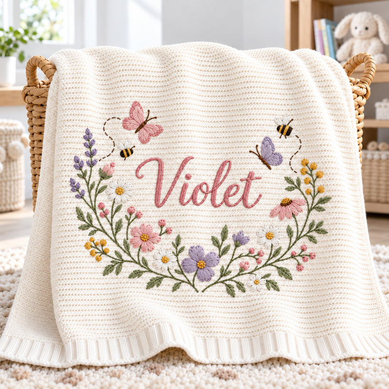 Personalized Wildflower Baby Blanket, Butterfly Bee Embroidered Knit Blanket, Custom Name Floral Nursery Gift, Baby Shower Gift for Girl