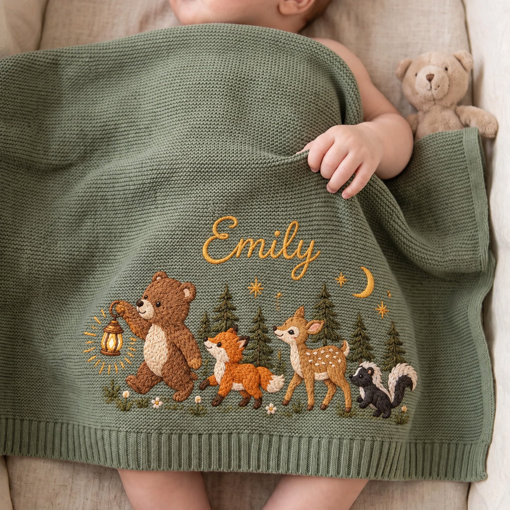 Personalized Woodland Baby Blanket, Bear Fox Deer Skunk Embroidered Knit Blanket, Custom Name Forest Nursery Gift, Baby Shower Gift
