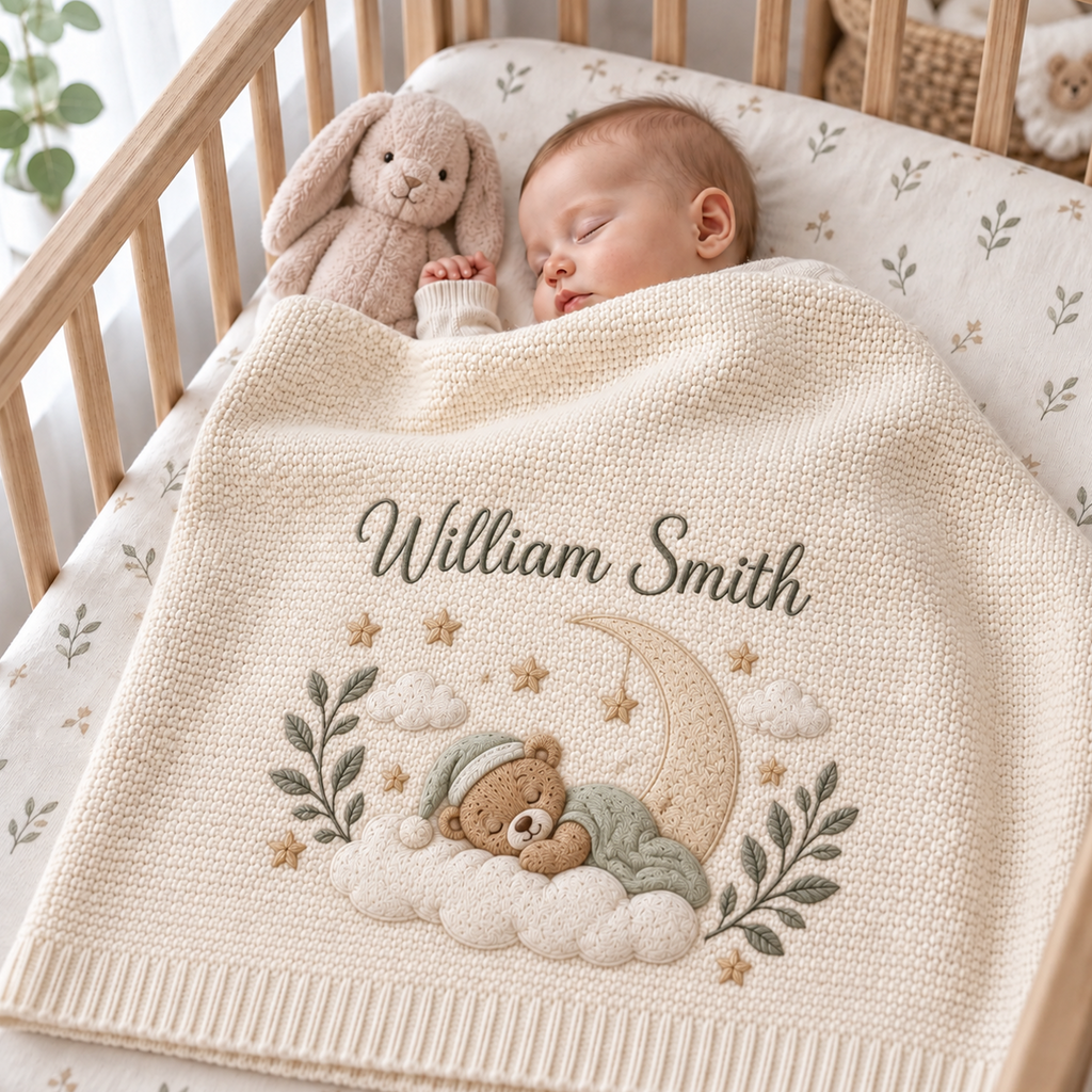 Personalized Embroidered Baby Blanket, Teddy Bear Moon Star Nursery Blanket, Custom Newborn Name Gift, Baby Shower Keepsake