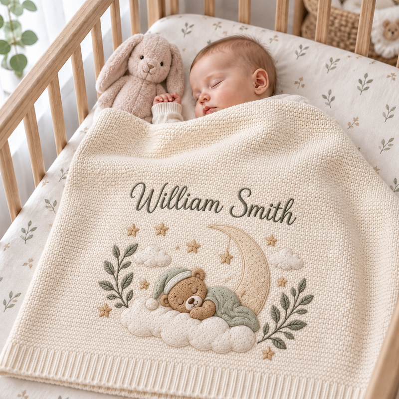 Personalized Embroidered Baby Blanket, Teddy Bear Moon Star Nursery Blanket, Custom Newborn Name Gift, Baby Shower Keepsake