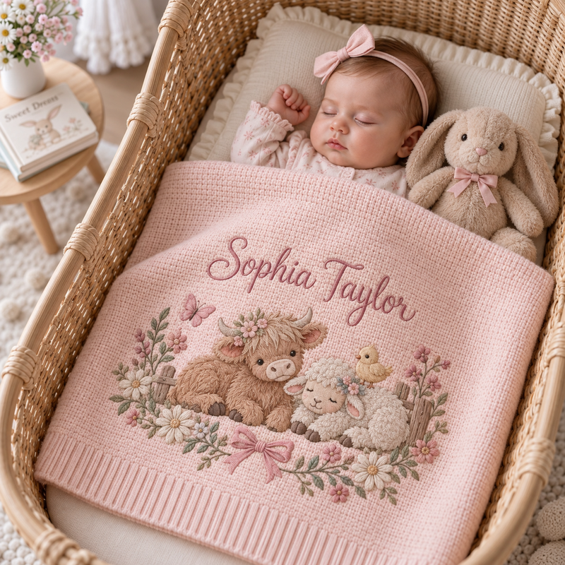 Personalized Embroidered Baby Blanket, Highland Cow Lamb Nursery Blanket, Custom Baby Name Gift, Floral Farm Baby Shower Keepsake