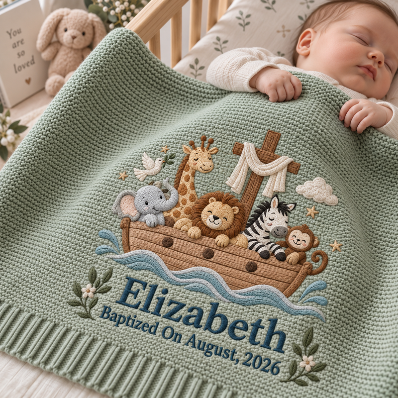 Personalized Baptism Baby Blanket, Noahs Ark Embroidered Blanket, Custom Name Christening Gift, Safari Animal Nursery Keepsake