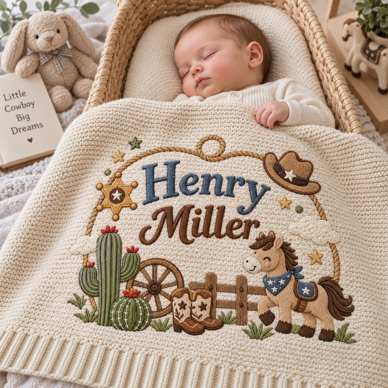 Personalized Embroidered Baby Blanket, Cowboy Horse Western Nursery Blanket, Custom Baby Name Gift, Rodeo Baby Shower Keepsake