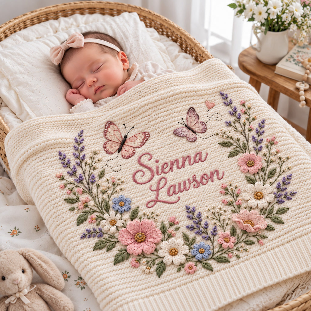 Personalized Baby Blanket, Custom Name Floral Butterfly Knit Blanket, Wildflower Nursery Decor, Newborn Baby Girl Gift, Baby Shower Keepsake