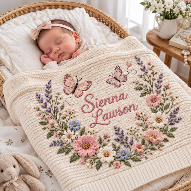 Personalized Baby Blanket, Custom Name Floral Butterfly Knit Blanket, Wildflower Nursery Decor, Newborn Baby Girl Gift, Baby Shower Keepsake