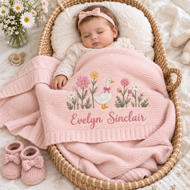 Personalized Baby Blanket, Custom Name Goose Wildflower Knit Blanket, Floral Nursery Decor, Baby Girl Newborn Gift, Baby Shower Keepsake