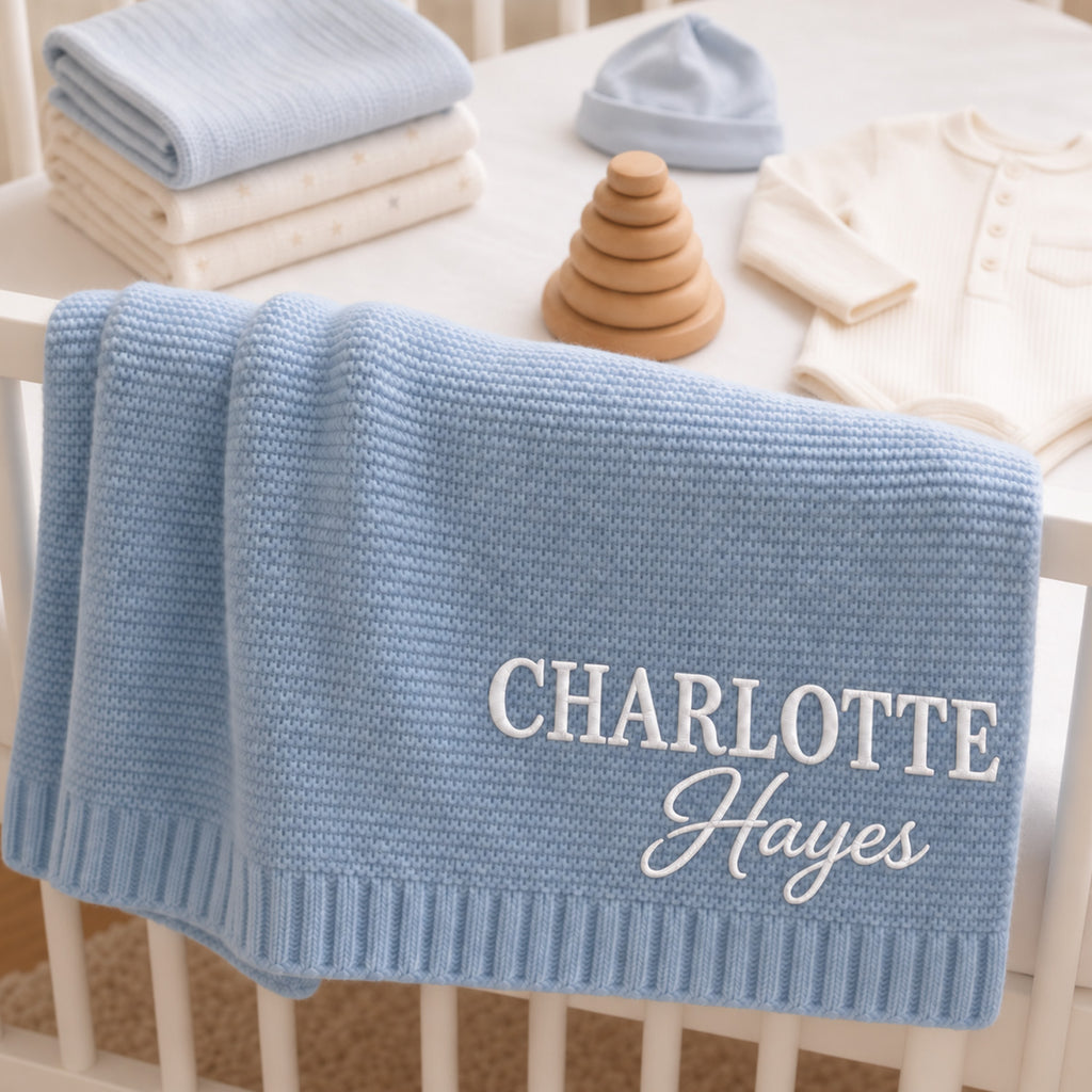 Personalized Baby Blanket, Custom Name Knit Blanket, Minimalist Baby Boy Nursery Decor, Newborn Keepsake Gift, Baby Shower Gift
