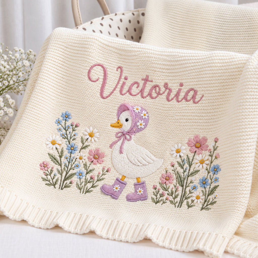 Personalized Baby Blanket, Custom Name Goose Wildflower Knit Blanket, Floral Baby Girl Nursery Decor, Newborn Keepsake, Baby Shower Gift