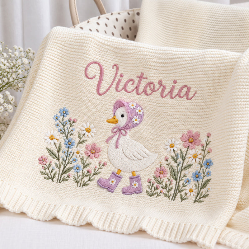 Personalized Baby Blanket, Custom Name Goose Wildflower Knit Blanket, Floral Baby Girl Nursery Decor, Newborn Keepsake, Baby Shower Gift