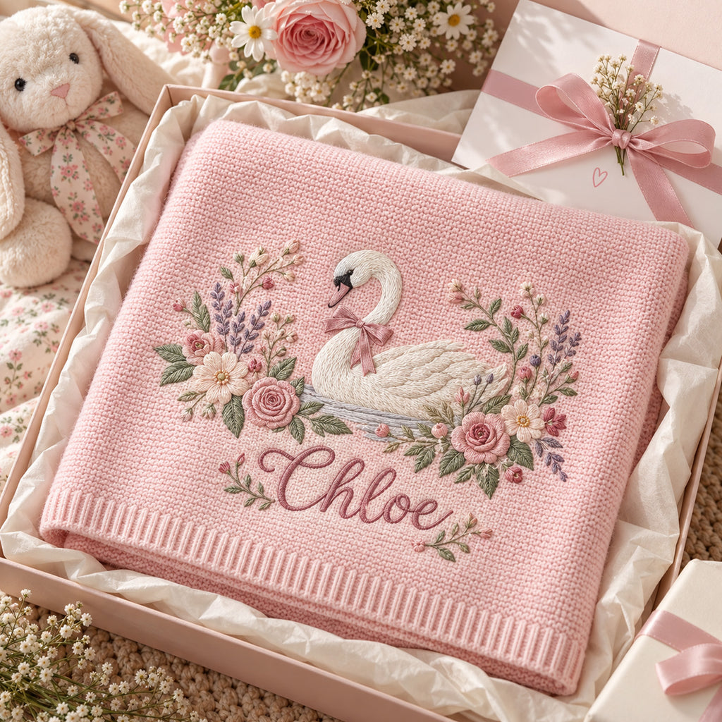Personalized Baby Blanket, Custom Name Swan Floral Knit Blanket, Wildflower Baby Girl Nursery Decor, Newborn Keepsake, Baby Shower Gift