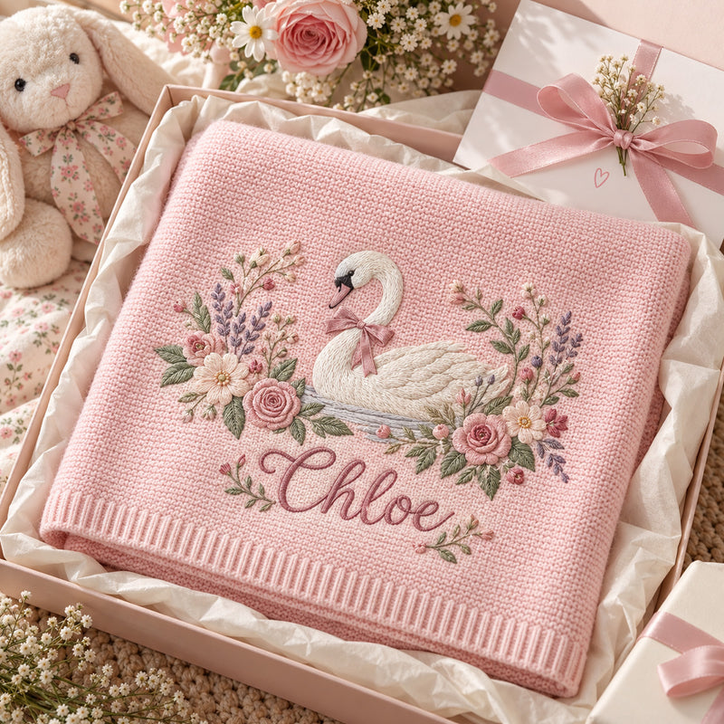Personalized Baby Blanket, Custom Name Swan Floral Knit Blanket, Wildflower Baby Girl Nursery Decor, Newborn Keepsake, Baby Shower Gift