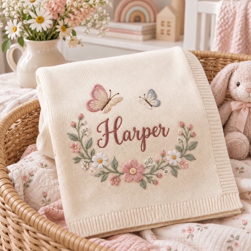 Personalized Baby Blanket, Custom Name Butterfly Wildflower Knit Blanket, Floral Baby Girl Nursery Decor, Newborn Keepsake, Baby Shower Gift