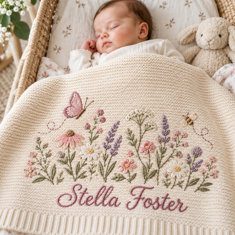 Personalized Baby Blanket, Custom Name Wildflower Butterfly Knit Blanket, Floral Baby Girl Nursery Decor, Newborn Keepsake, Baby Shower Gift