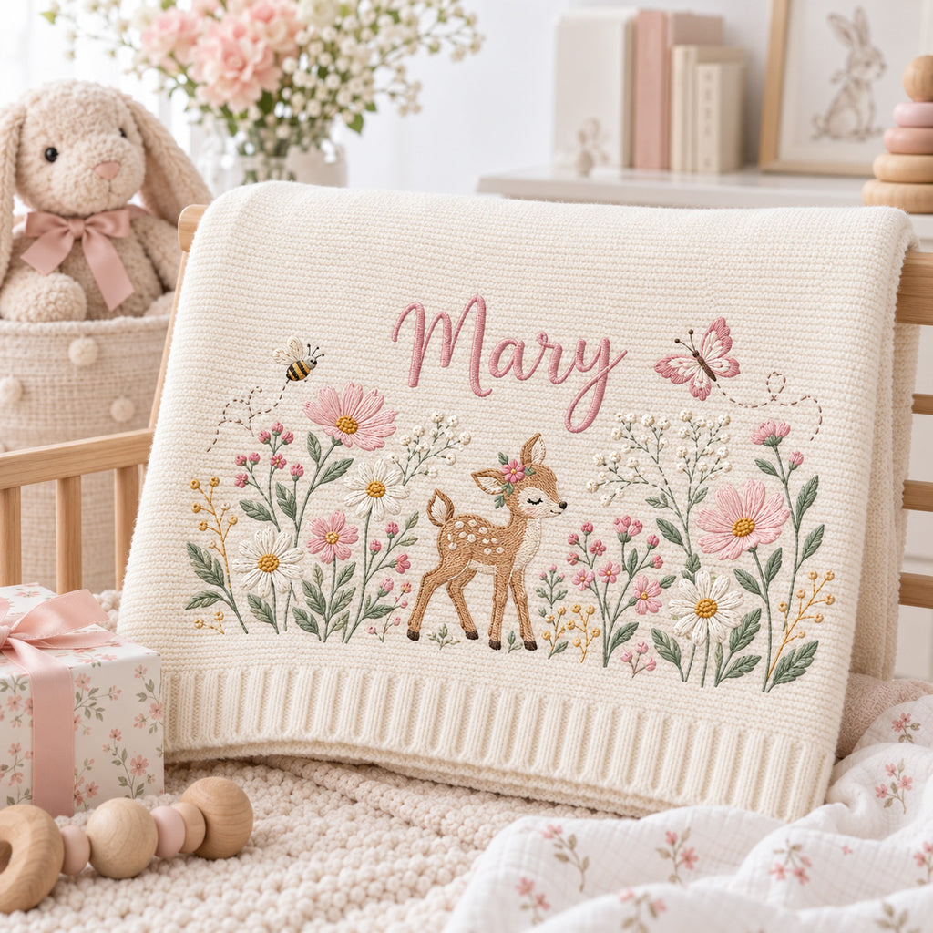 Personalized Baby Blanket, Custom Name Deer Wildflower Knit Blanket, Floral Fawn Butterfly Nursery Decor, Newborn Baby Girl Gift, Baby Shower Gift