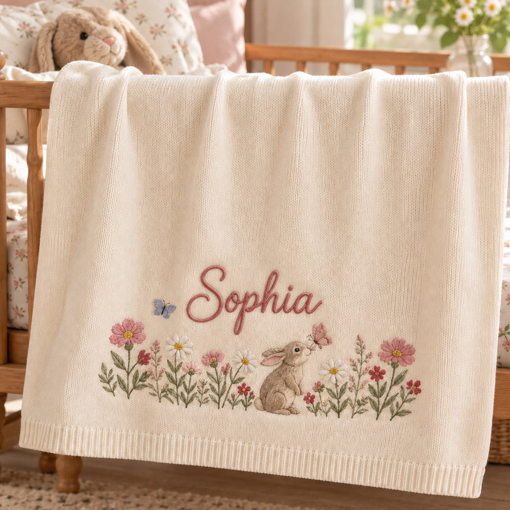 Personalized Baby Blanket, Custom Name Bunny Wildflower Knit Blanket, Floral Rabbit Butterfly Nursery Decor, Newborn Baby Girl Gift