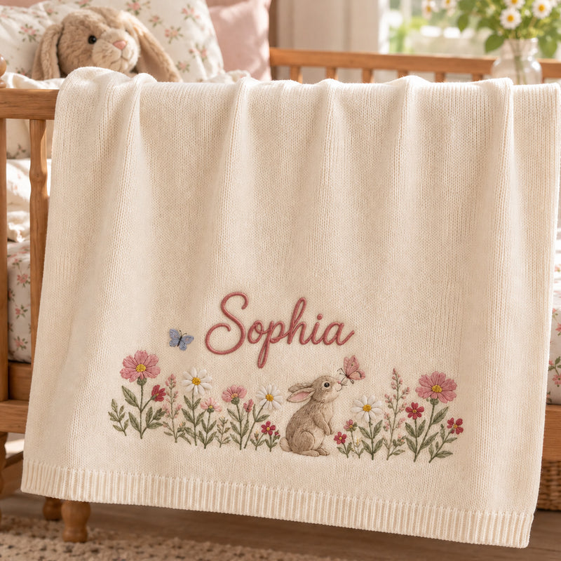 Personalized Baby Blanket, Custom Name Bunny Wildflower Knit Blanket, Floral Rabbit Butterfly Nursery Decor, Newborn Baby Girl Gift