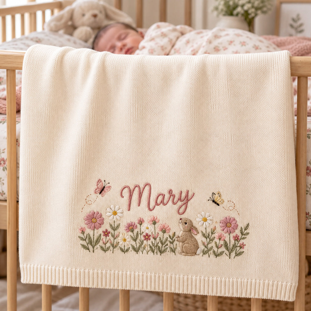 Personalized Baby Blanket, Custom Name Bunny Wildflower Knit Blanket, Floral Rabbit Butterfly Nursery Decor, Newborn Baby Girl Gift