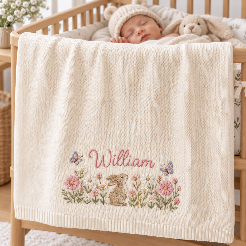 Personalized Baby Blanket, Custom Name Bunny Wildflower Knit Blanket, Floral Rabbit Butterfly Nursery Decor, Newborn Baby Gift, Baby Shower