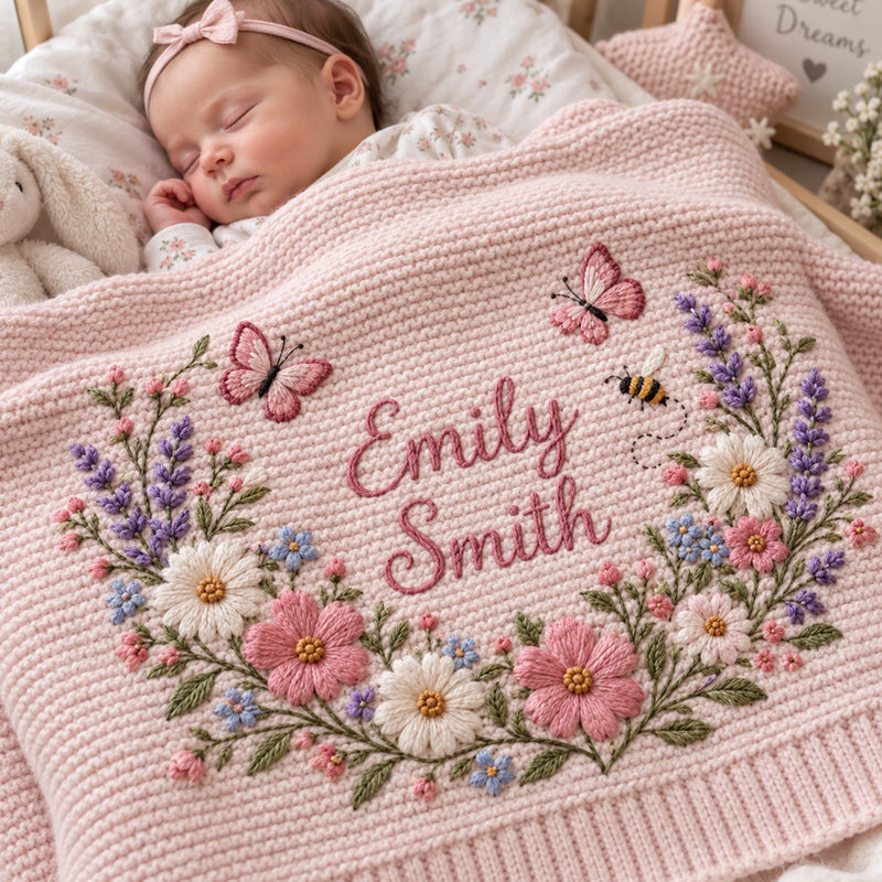 Personalized Baby Blanket, Custom Name Wildflower Butterfly Knit Blanket, Floral Baby Girl Nursery Decor, Newborn Keepsake, Baby Shower Gift