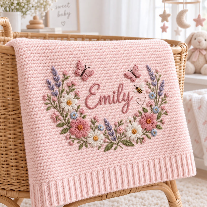 Personalized Baby Blanket, Custom Name Wildflower Butterfly Knit Blanket, Floral Baby Girl Nursery Decor, Newborn Keepsake, Baby Shower Gift