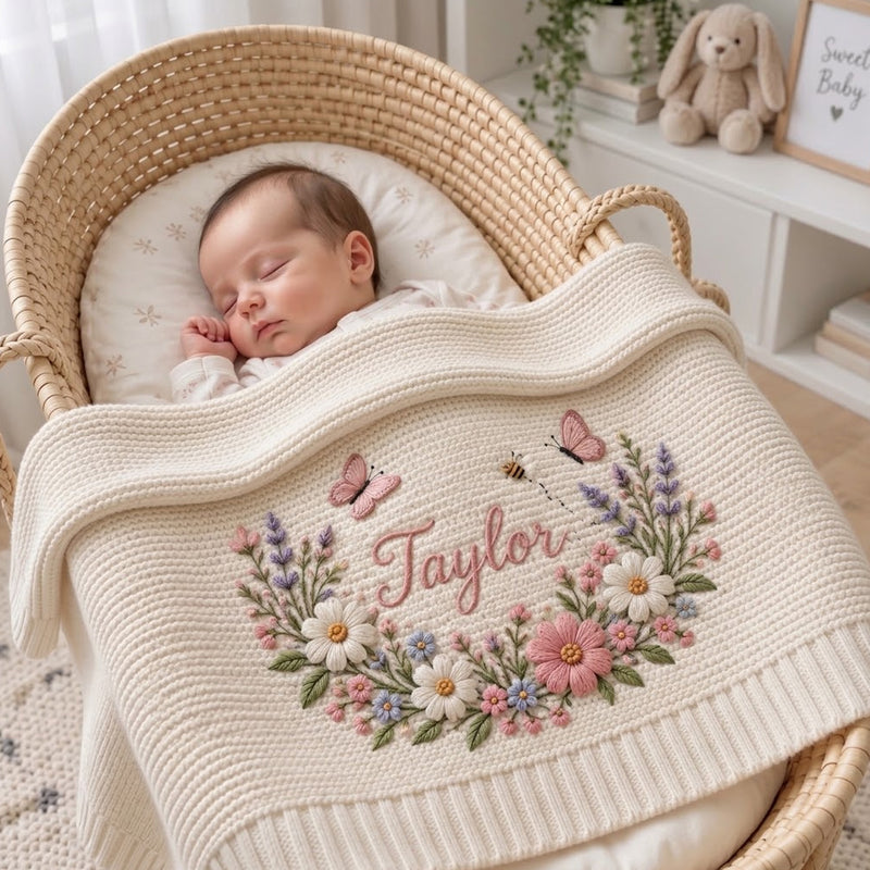 Personalized Baby Blanket, Custom Name Wildflower Butterfly Knit Blanket, Floral Baby Nursery Decor, Newborn Keepsake, Baby Shower Gift