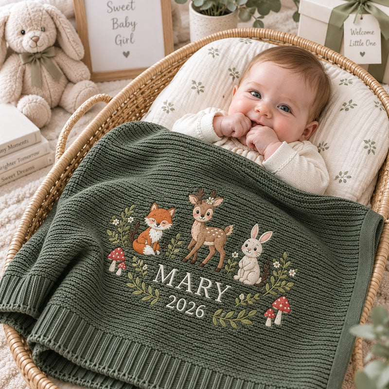 Personalized Baby Blanket, Custom Name Year Woodland Animal Knit Blanket, Fox Deer Bunny Nursery Decor, Newborn Keepsake, Baby Shower Gift
