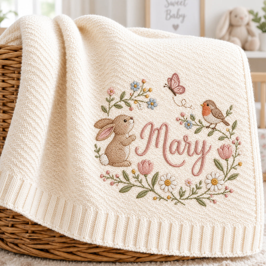 Personalized Baby Blanket, Custom Name Bunny Butterfly Knit Blanket, Woodland Wildflower Nursery Decor, Newborn Baby Gift, Baby Shower Gift