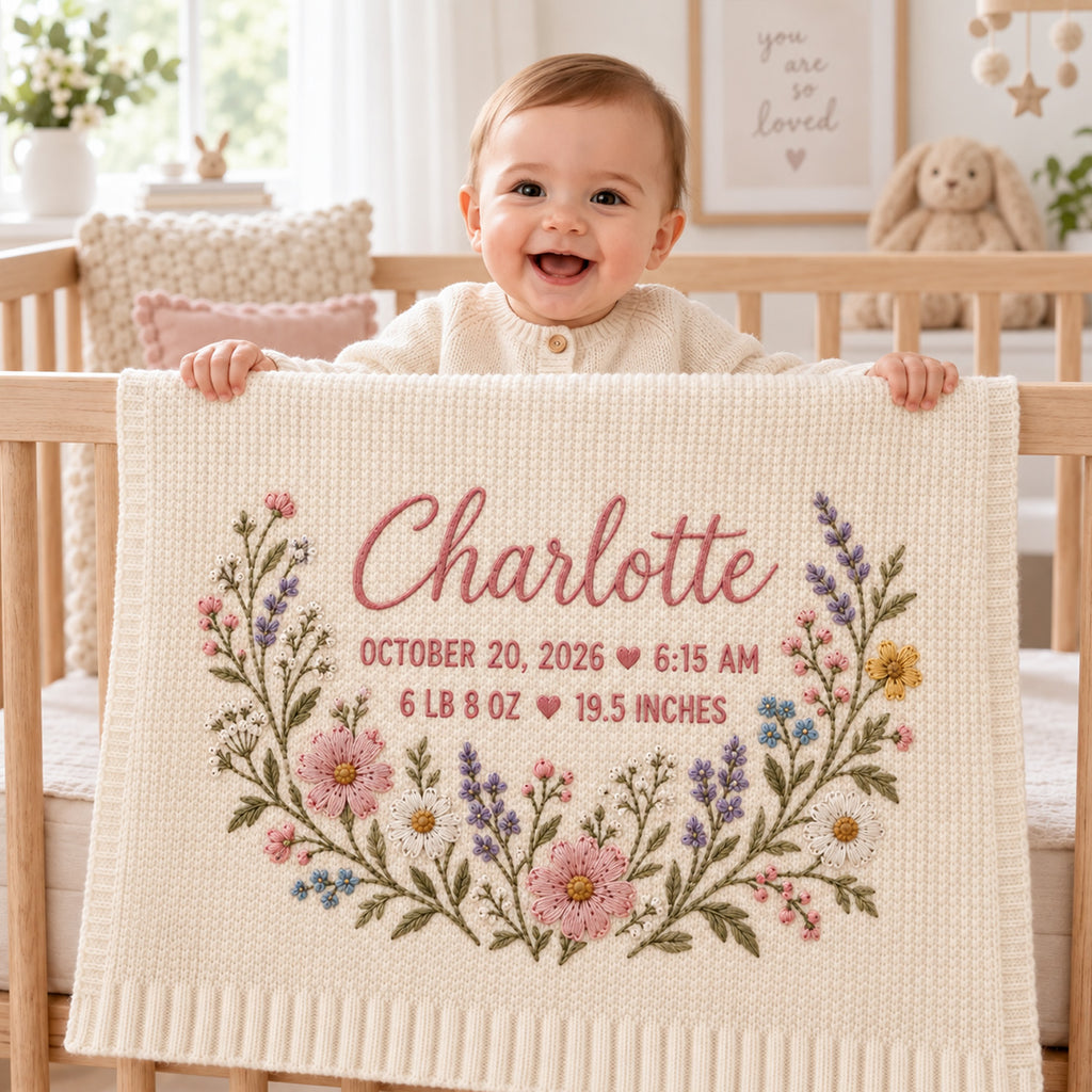 Personalized Baby Blanket, Custom Birth Stats Wildflower Knit Blanket, Name Date Weight Length Nursery Decor, Newborn Baby Shower Keepsake