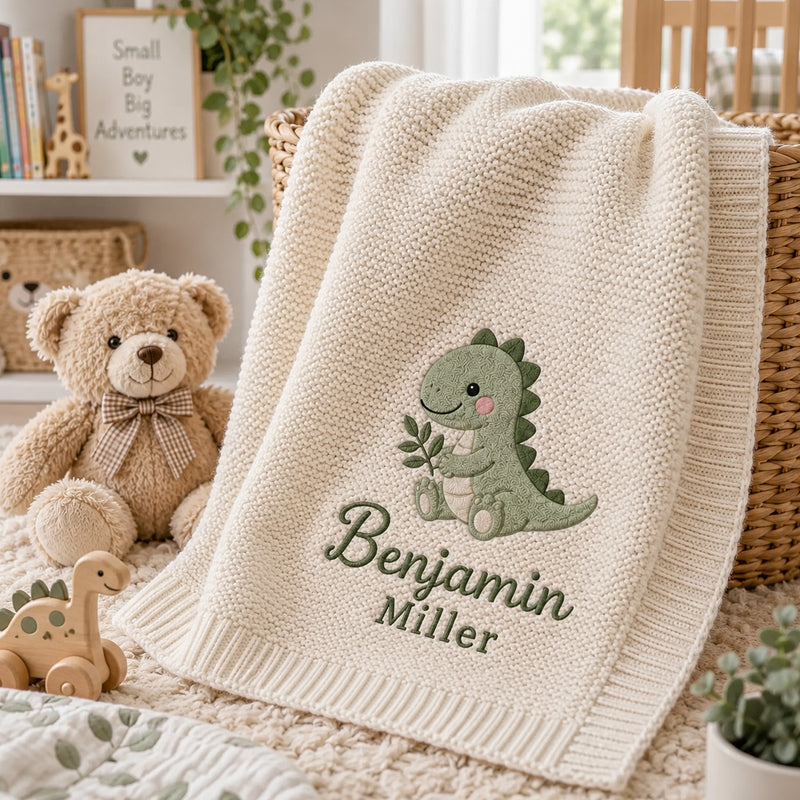 Personalized Baby Blanket, Custom Name Dinosaur Knit Blanket, Cute Dino Baby Boy Nursery Decor, Newborn Keepsake, Baby Shower Gift