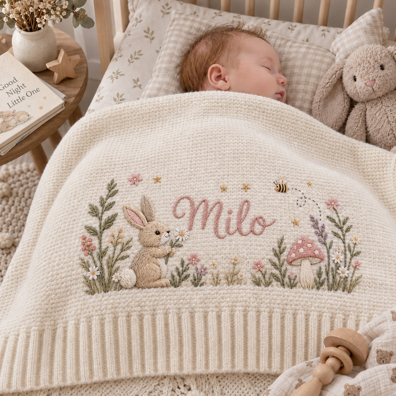 Personalized Baby Blanket, Custom Name Bunny Mushroom Knit Blanket, Woodland Rabbit Wildflower Nursery Decor, Newborn Baby Gift