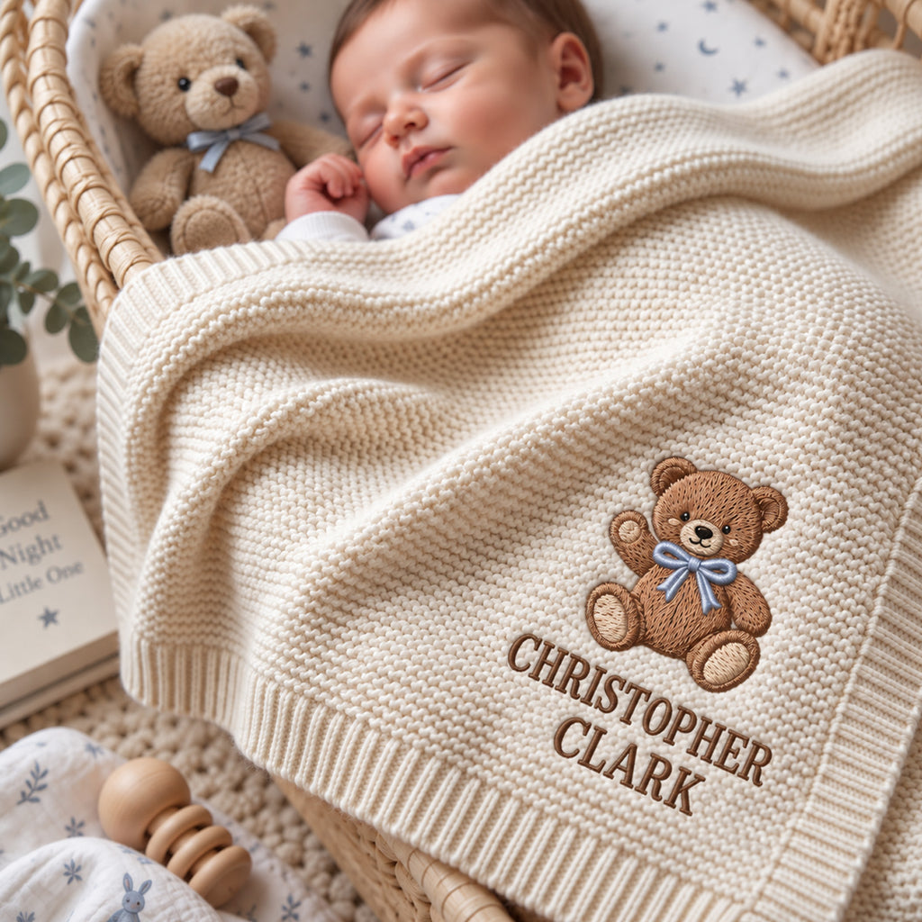 Personalized Baby Blanket, Custom Name Teddy Bear Knit Blanket, Classic Bear Baby Boy Nursery Decor, Newborn Keepsake, Baby Shower Gift
