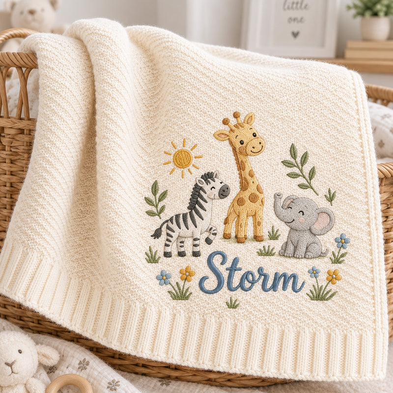 Personalized Baby Blanket, Custom Name Safari Animal Knit Blanket, Giraffe Zebra Elephant Nursery Decor, Newborn Baby Gift, Baby Shower