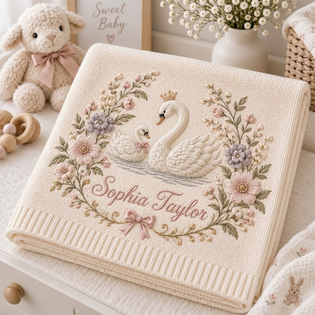 Personalized Baby Blanket, Custom Name Swan Knit Blanket, Floral Swan Nursery Decor, Baby Girl Newborn Keepsake, Baby Shower Gift