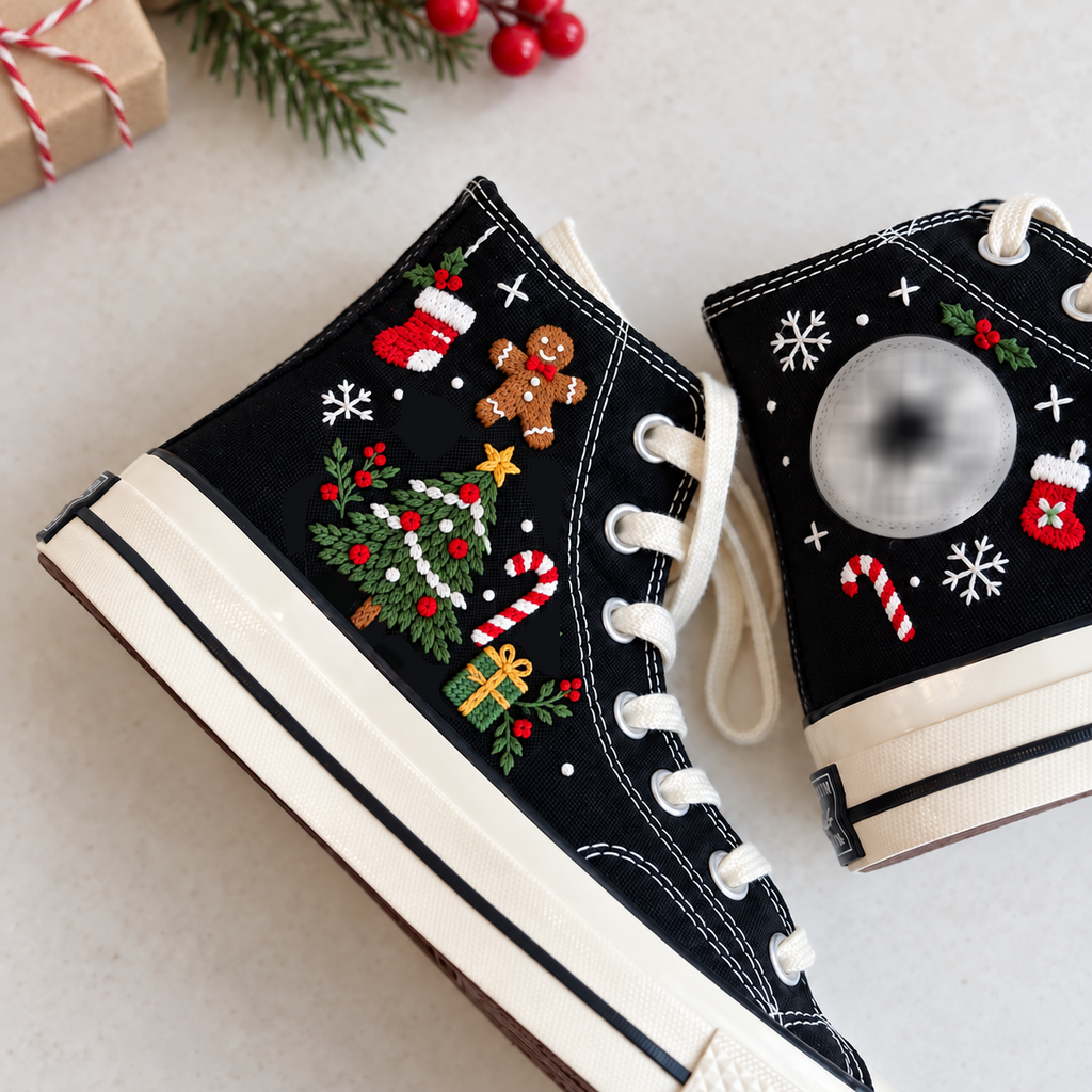 Christmas Embroidered Converse, Gingerbread Christmas Tree Candy Cane High Tops, Holiday Sneakers, Festive Christmas Gift for Her
