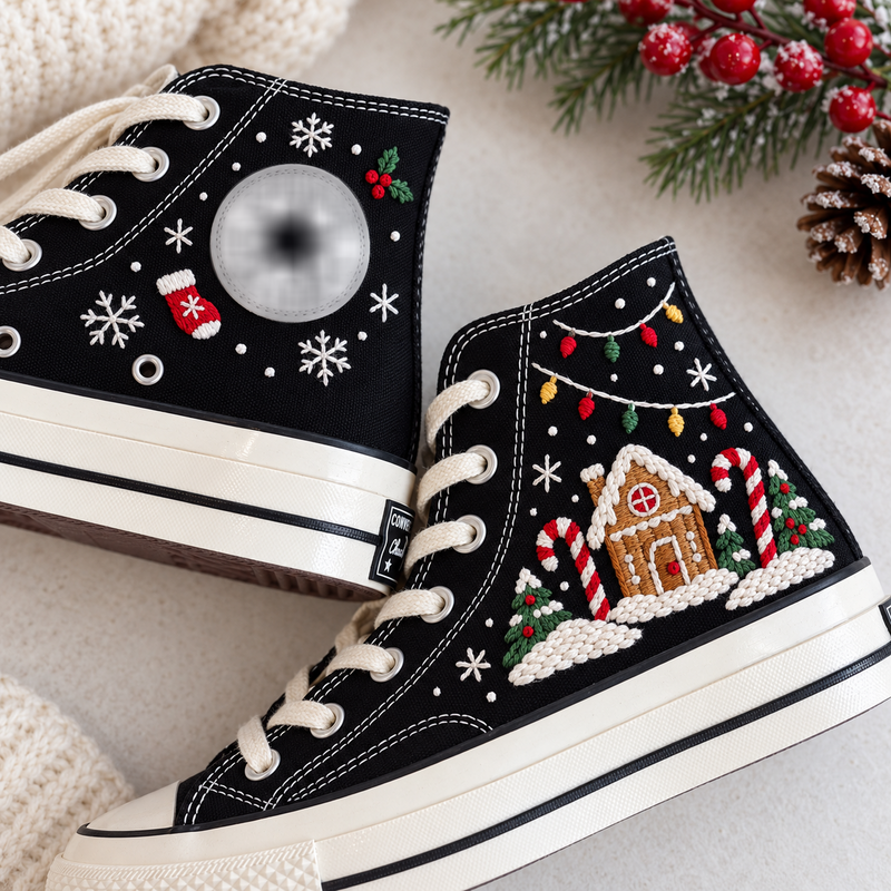 Christmas Embroidered Converse, Gingerbread House Candy Cane Snowflake High Tops, Festive Holiday Sneakers, Christmas Gift for Her