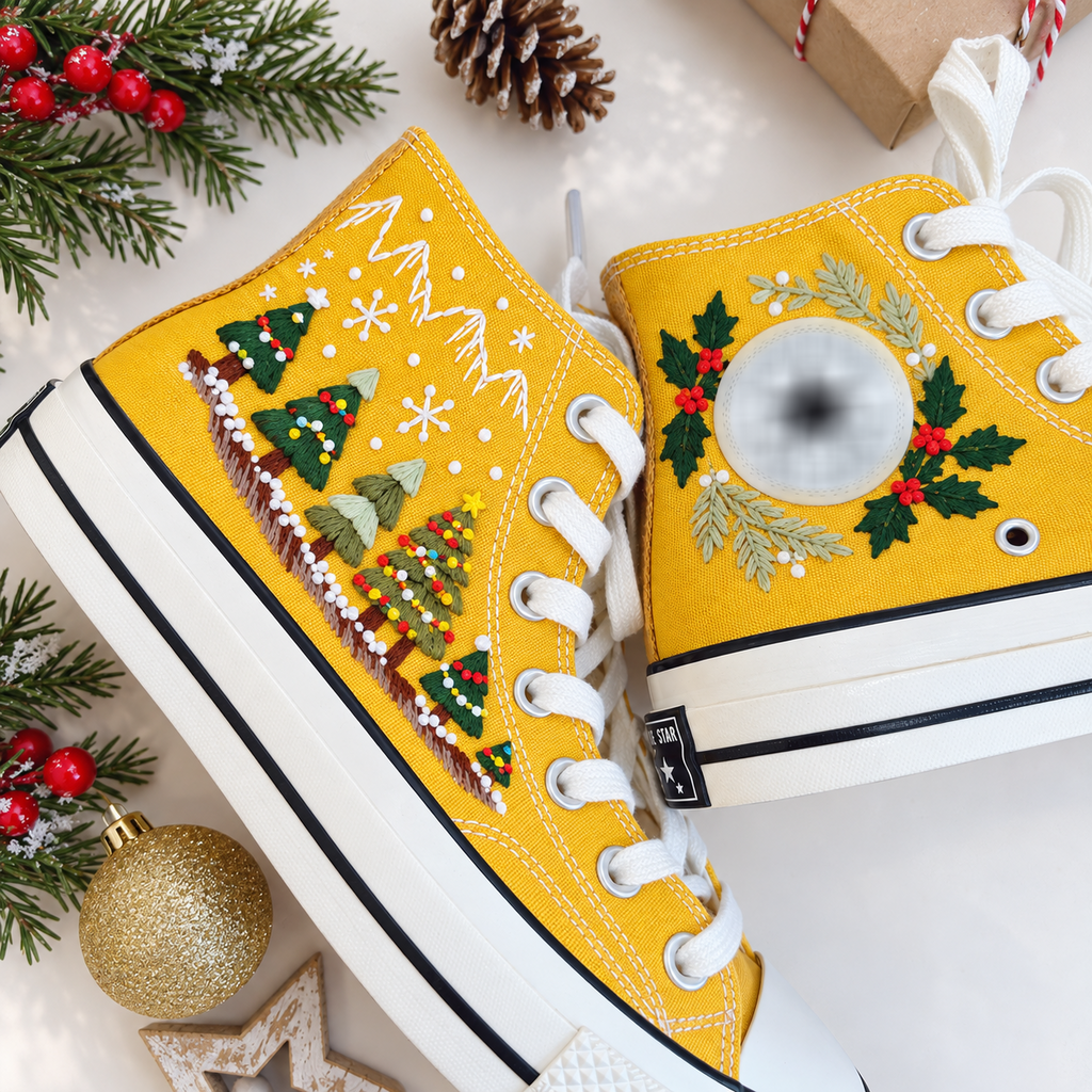 Christmas Tree Embroidered Converse, Holly Snowflake Holiday High Tops, Festive Christmas Sneakers, Winter Tree Shoes, Christmas Gift