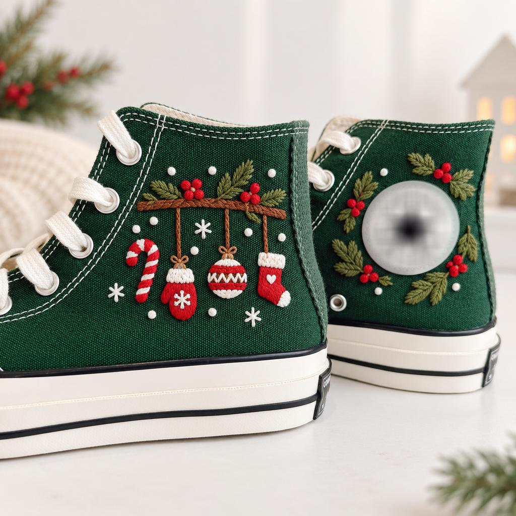 Christmas Embroidered Converse, Candy Cane Mitten Stocking Ornament High Tops, Holly Wreath Holiday Sneakers, Festive Christmas Gift