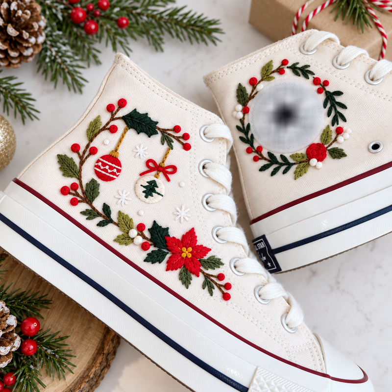 Christmas Embroidered Converse, Poinsettia Holly Berry Ornament High Tops, Festive Holiday Sneakers, Winter Floral Christmas Gift for Her