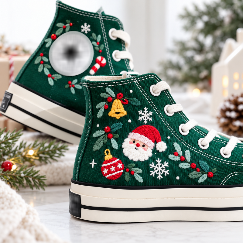 Hand Embroidered Christmas High Top Shoes, Santa Holiday Sneakers, Christmas Bell Snowflake Shoes, Festive Gift for Women
