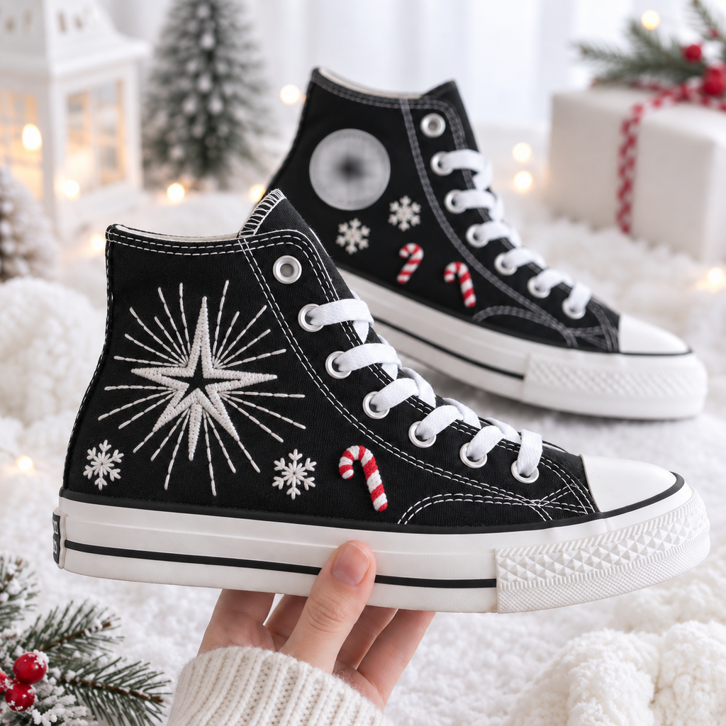 Hand Embroidered Christmas High Top Shoes, Star Snowflake Candy Cane Sneakers, Festive Holiday Converse, Christmas Gift for Her