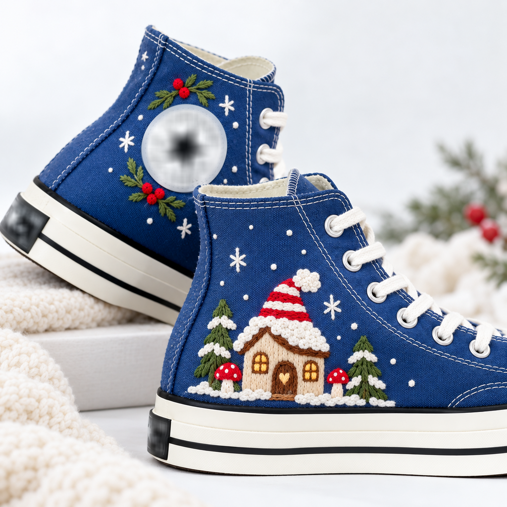 Hand Embroidered Christmas Cottage High Top Shoes, Winter House Snowflake Sneakers, Festive Holiday Converse, Christmas Gift for Her