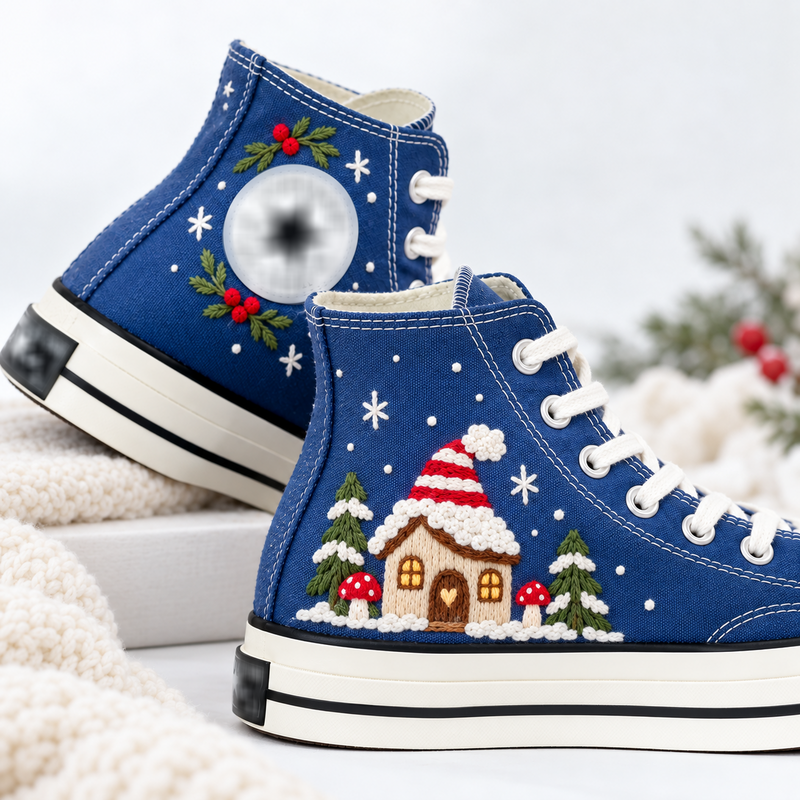 Hand Embroidered Christmas Cottage High Top Shoes, Winter House Snowflake Sneakers, Festive Holiday Converse, Christmas Gift for Her