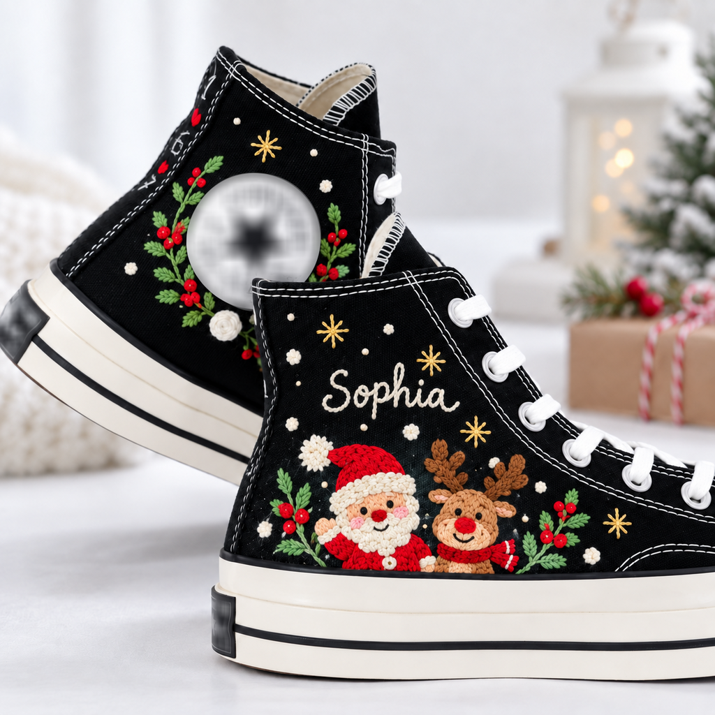 Personalized Christmas Hand Embroidered High Top Shoes, Custom Name Santa Reindeer Converse, Holiday Sneakers, Christmas Gift for Her