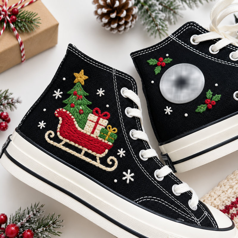 Christmas Sleigh Hand Embroidered High Top Shoes, Holiday Converse Sneakers, Santa Gift Sleigh Shoes, Festive Christmas Gift for Her