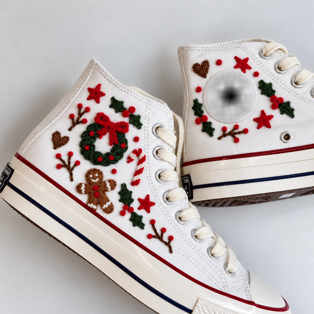 Christmas Wreath Hand Embroidered High Top Shoes, Gingerbread Converse Sneakers, Candy Cane Holiday Shoes, Festive Christmas Gift for Her